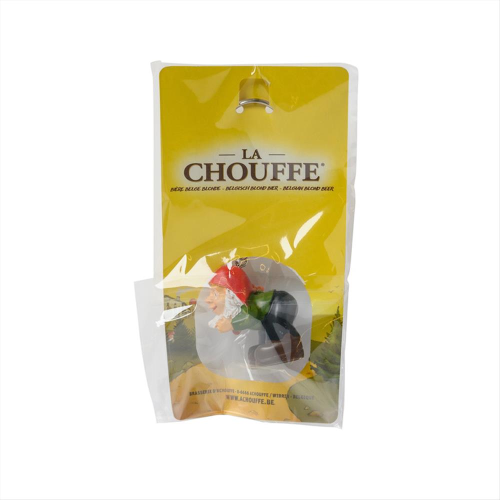 La Chouffe yellow packaging containing 1 gnome keychain