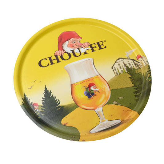 Yellow Chouffe serving tray with logo and image of Chouffe tulip glass
