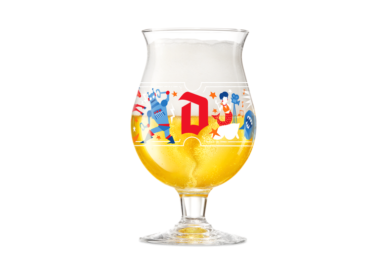 Duvel tulip glass with red D and various characters