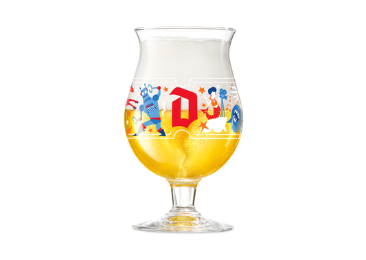 Duvel tulip glass with red D and various characters
