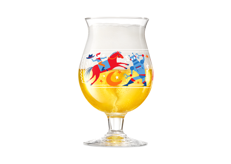 Duvel tulip glass with various characters including horse, moon, and robot.
